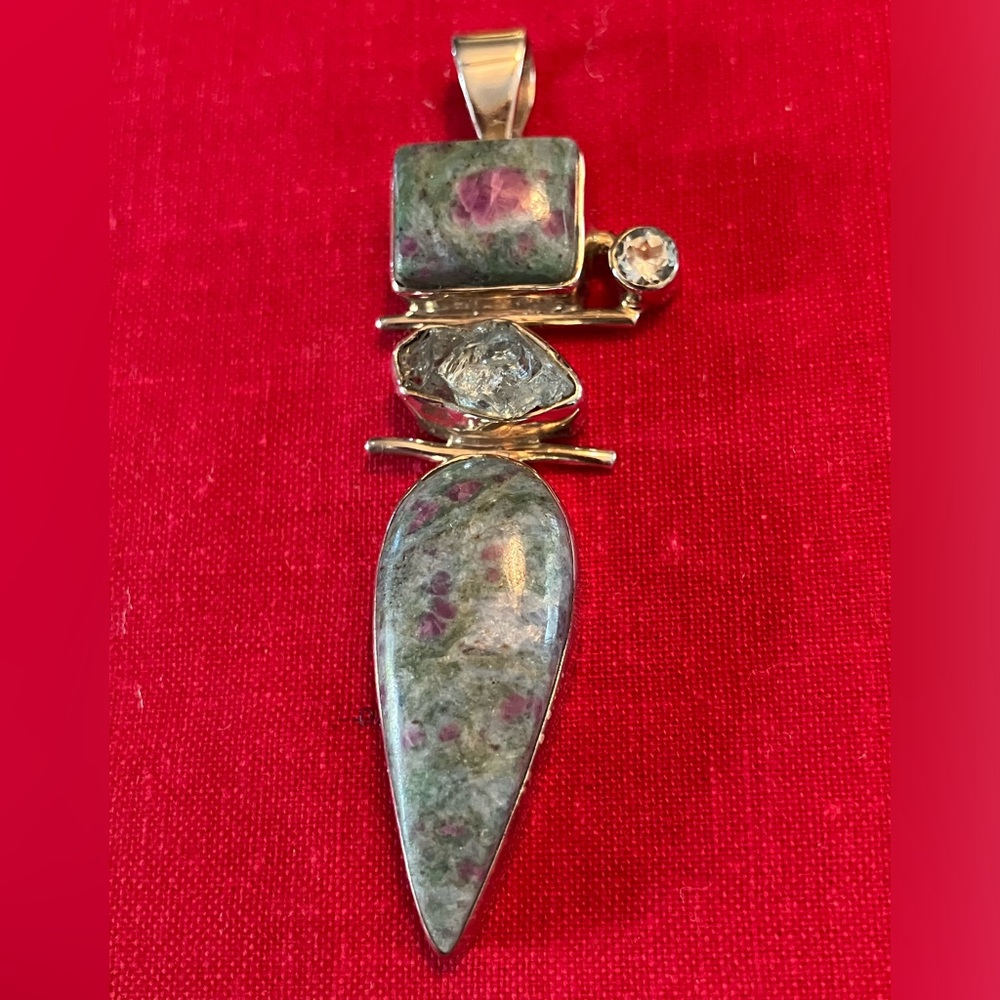 Artisan Created Sterling Silver Pendant with Aquamarine & Ruby in Kyanite